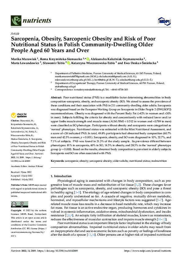 (PDF) Sarcopenia, Obesity, Sarcopenic Obesity and Risk of Poor ...