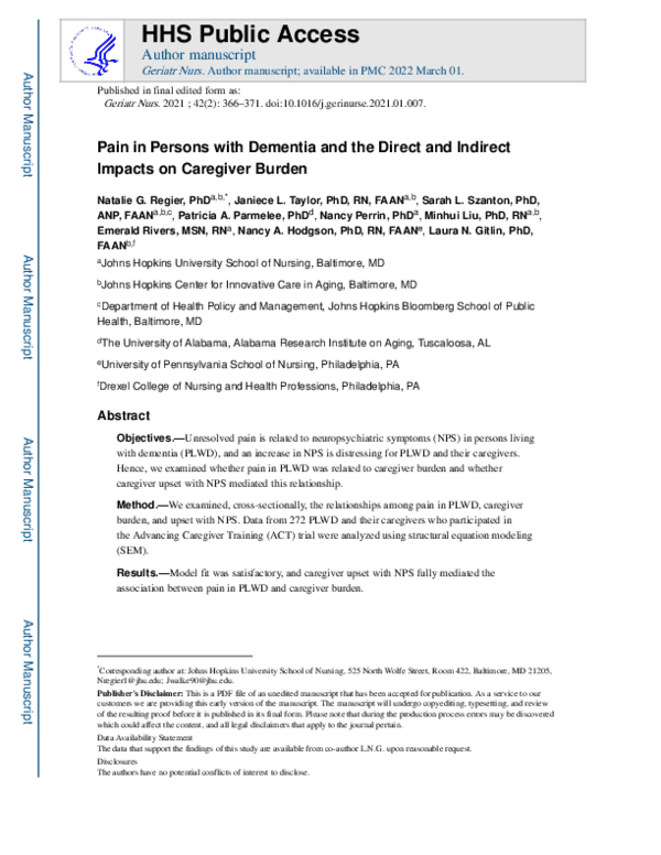 (PDF) Pain in persons with dementia and the direct and indirect impacts ...