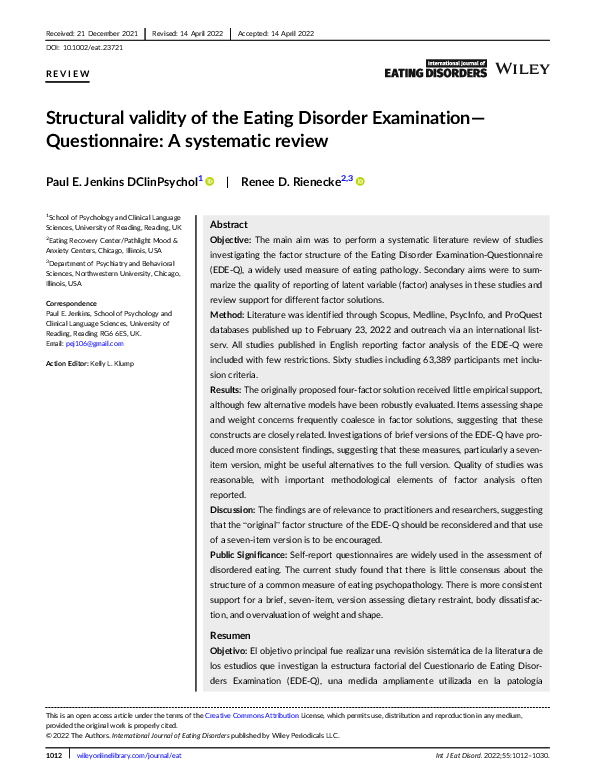 (PDF) Structural validity of the Eating Disorder Examination ...