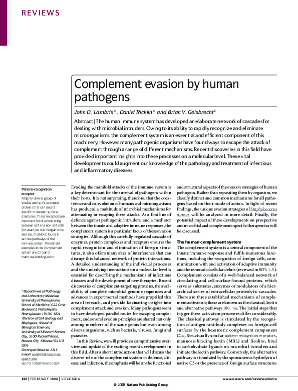 (PDF) Complement evasion by human pathogens