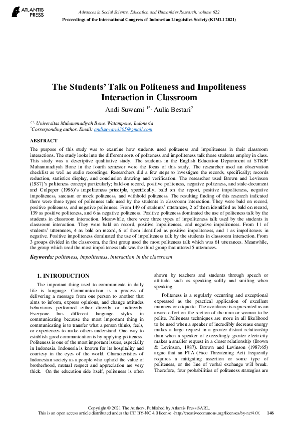 (PDF) The Students’ Talk on Politeness and Impoliteness Interaction in ...