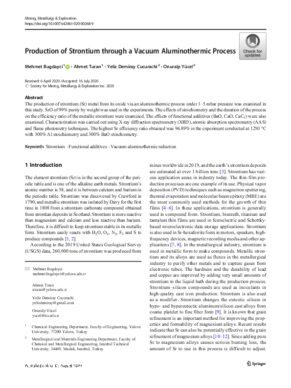 (PDF) Production of Strontium through a Vacuum Aluminothermic Process