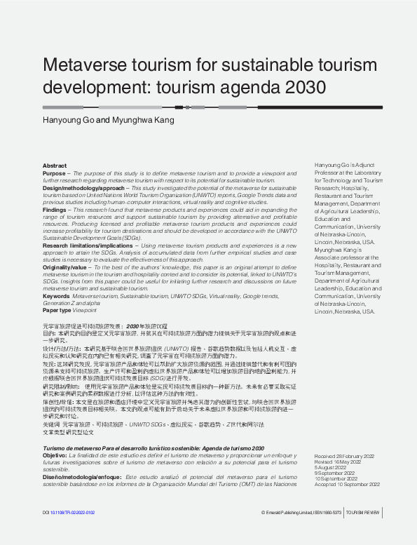 (PDF) Metaverse tourism for sustainable tourism development: tourism ...