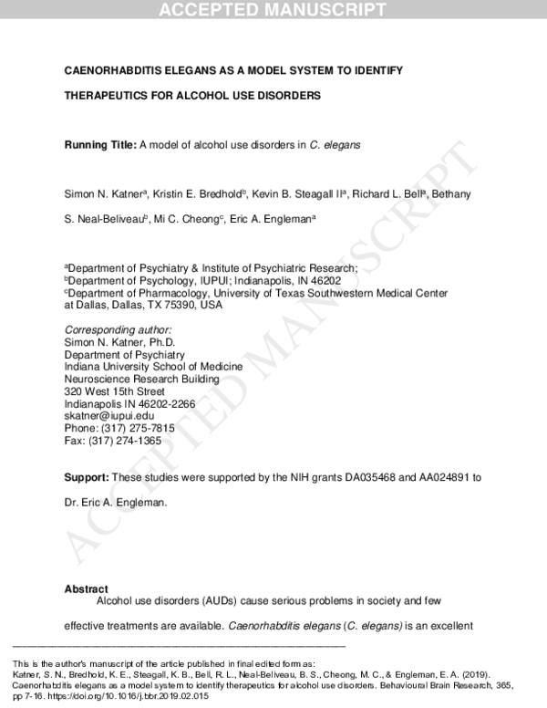 (PDF) Caenorhabditis elegans as a model system to identify therapeutics ...