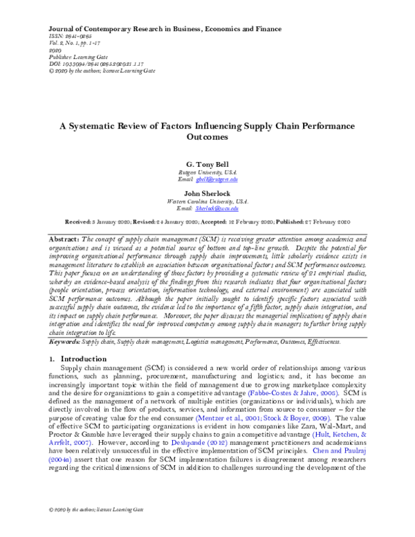 (PDF) A Systematic Review of Factors Influencing Supply Chain ...