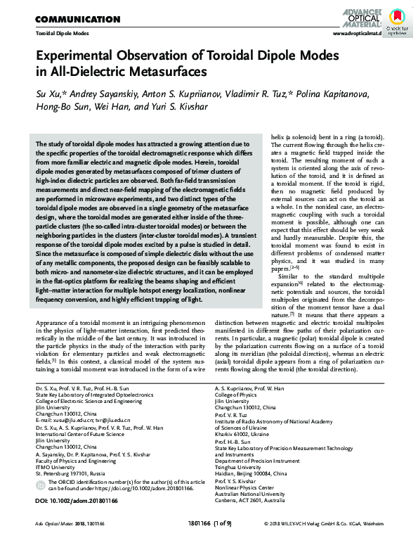 (PDF) Experimental Observation of Toroidal Dipole Modes in All ...