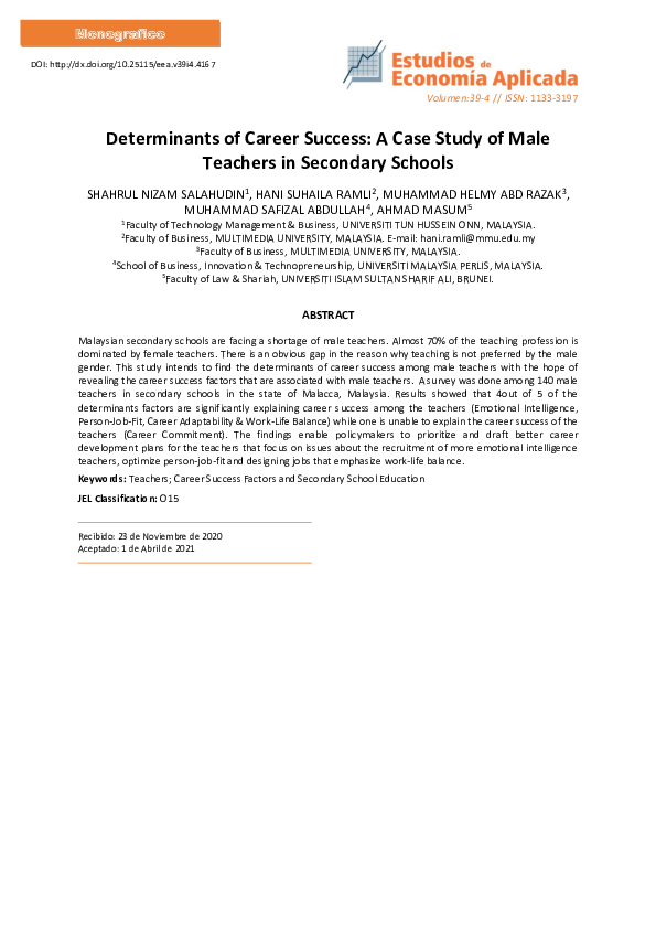 (PDF) Determinants of Career Success: A Case Study of Male Teachers in ...