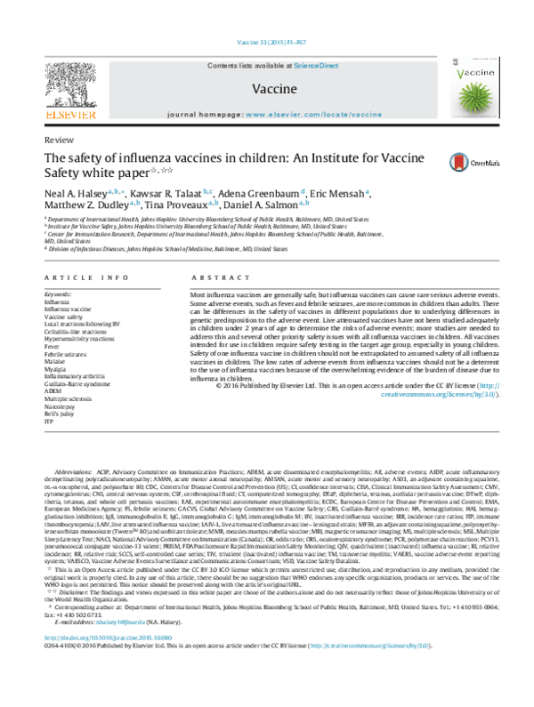 (PDF) The safety of influenza vaccines in children: An Institute for ...