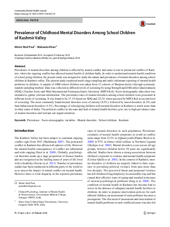 (PDF) Prevalence of Childhood Mental Disorders Among School Children of ...