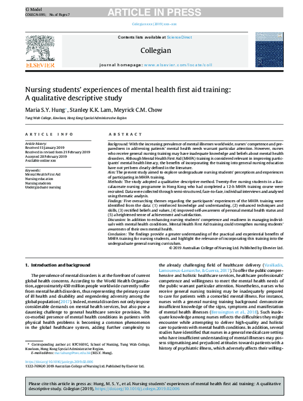 (PDF) Nursing students’ experiences of mental health first aid training ...