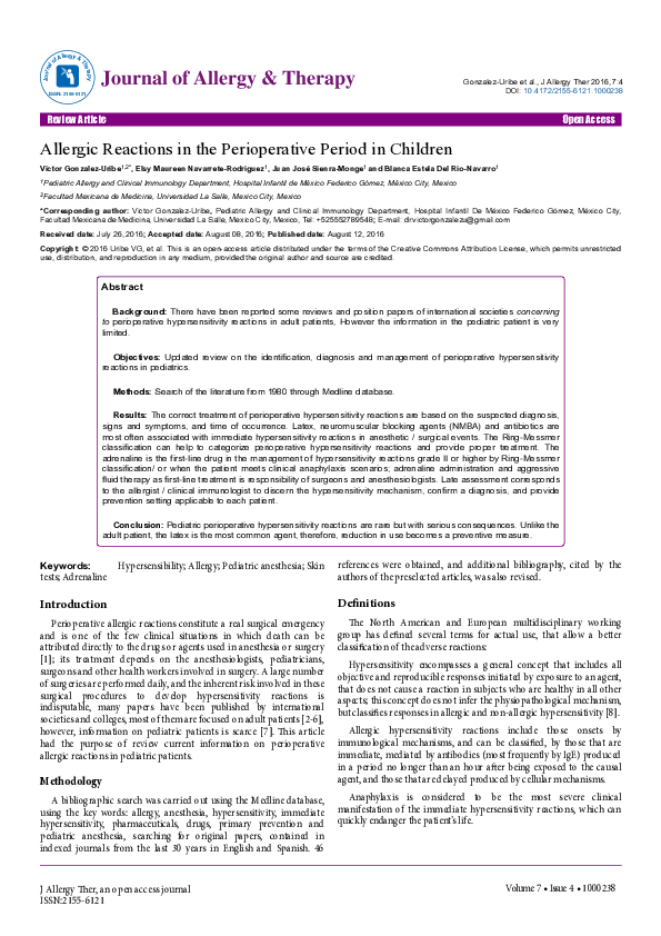 (PDF) Allergic Reactions in the Perioperative Period in Children