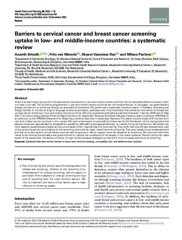 (PDF) Barriers to cervical cancer and breast cancer screening uptake in ...