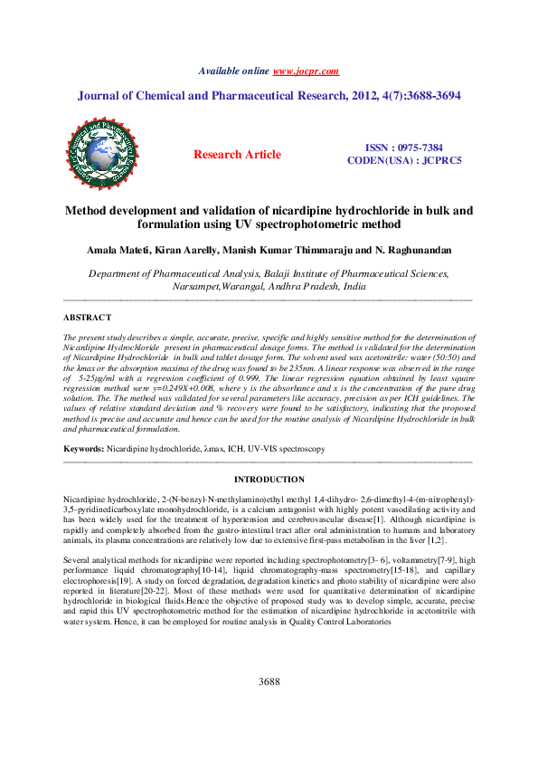 (PDF) Method development and validation of nicardipine hydrochloride in ...
