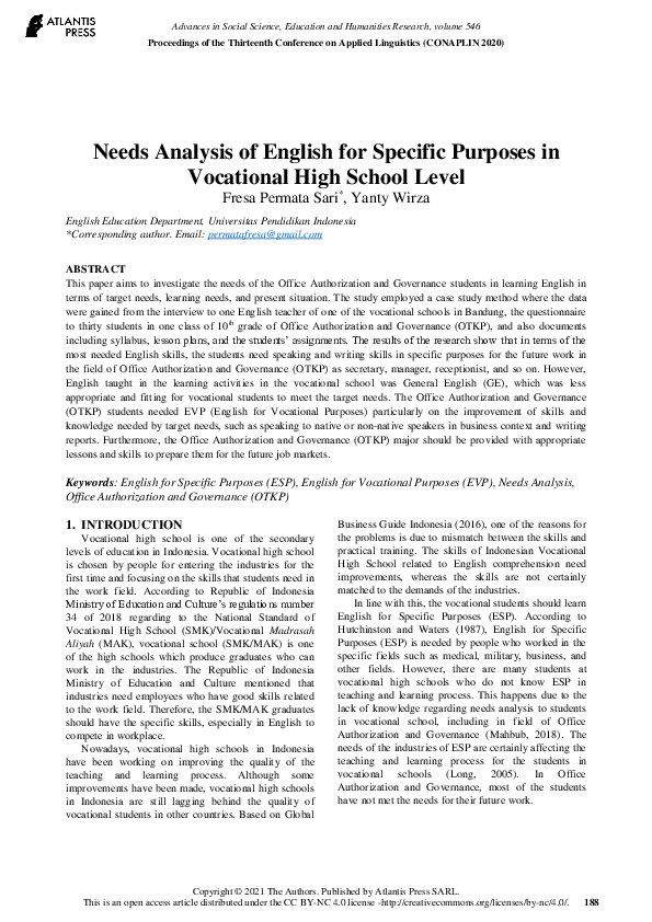 (PDF) Needs Analysis of English for Specific Purposes in Vocational ...