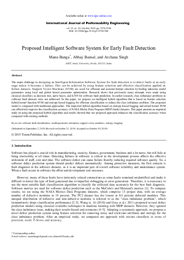 (PDF) Proposed Intelligent Software System for Early Fault Detection