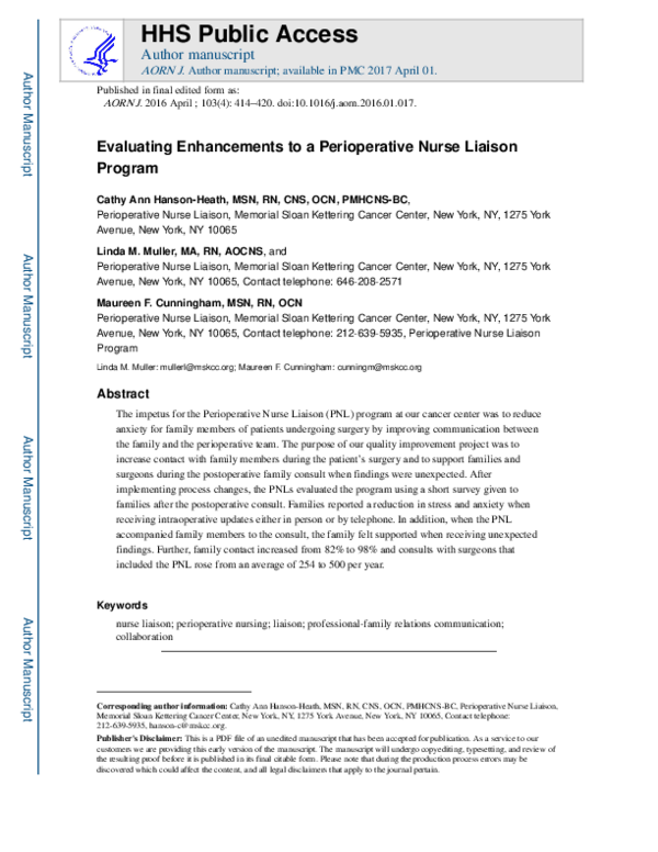 (PDF) Evaluating Enhancements to a Perioperative Nurse Liaison Program