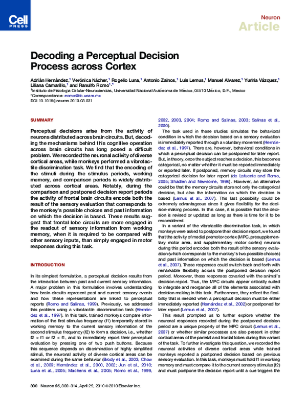 (PDF) Decoding a Perceptual Decision Process across Cortex