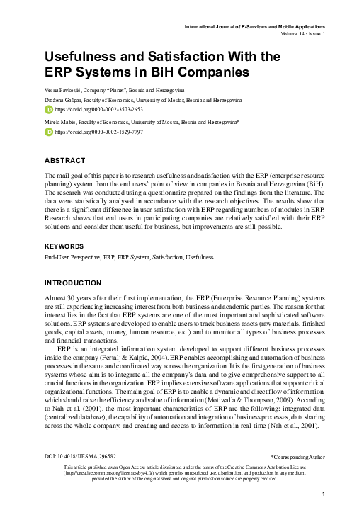 (PDF) Usefulness and Satisfaction With the ERP Systems in BiH Companies