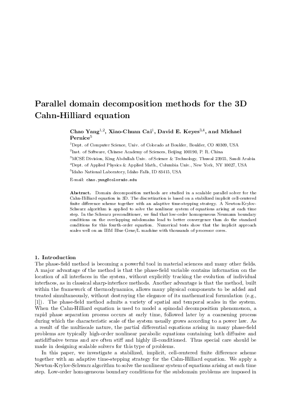 (PDF) Parallel domain decomposition methods for the 3D Cahn-Hilliard ...