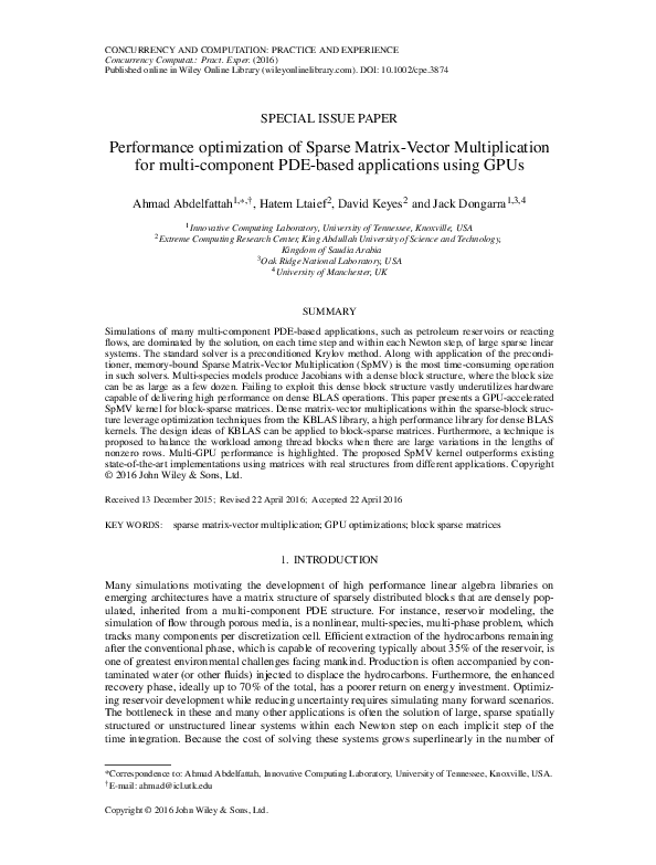 (PDF) Performance optimization of Sparse Matrix-Vector Multiplication ...