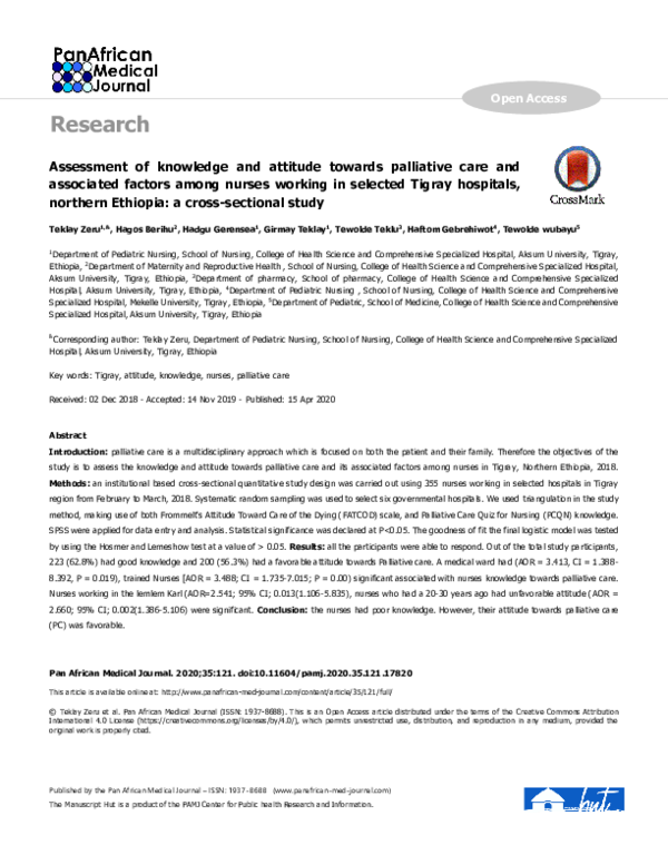 (PDF) Assessment of knowledge and attitude towards palliative care and ...