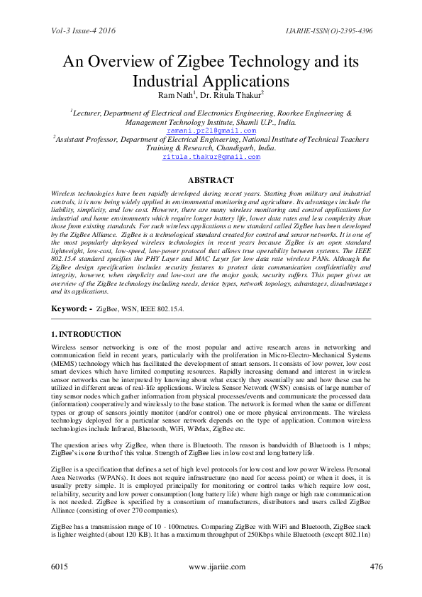 (PDF) An Overview of Zigbee Technology and its Industrial Applications