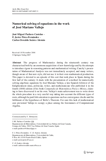 (PDF) Numerical solving of equations in the work of José Mariano Vallejo