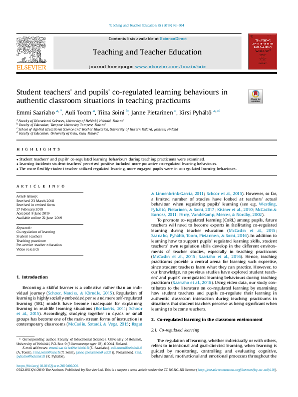 (PDF) Student teachers' and pupils' co-regulated learning behaviours in ...