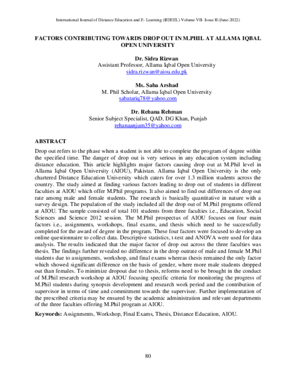 (PDF) Factors Contributing Towards Drop Out in M.PHIL at Allama Iqbal ...