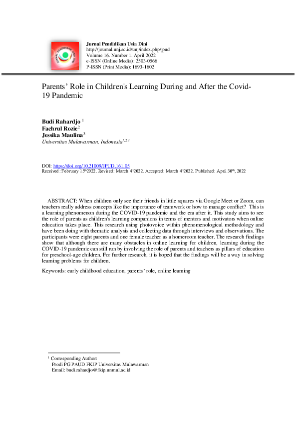 (PDF) Parents’ Role in Children's Learning During and After the Covid ...
