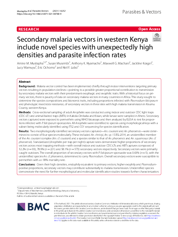 (PDF) Secondary malaria vectors in western Kenya include novel species ...