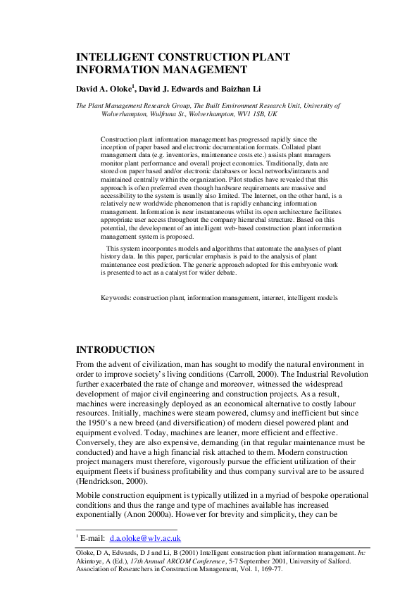 (PDF) Intelligent Construction Plant Information Management