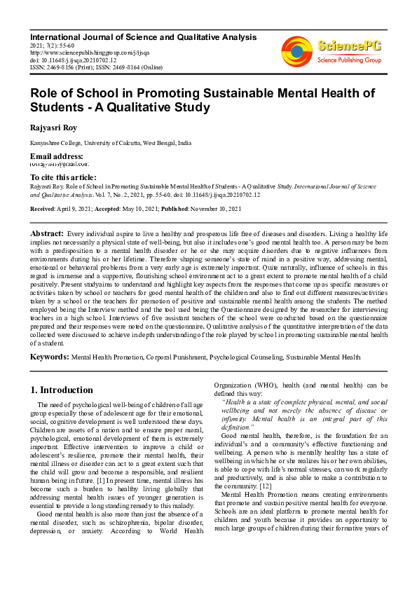 (PDF) Role of School in Promoting Sustainable Mental Health of Students ...