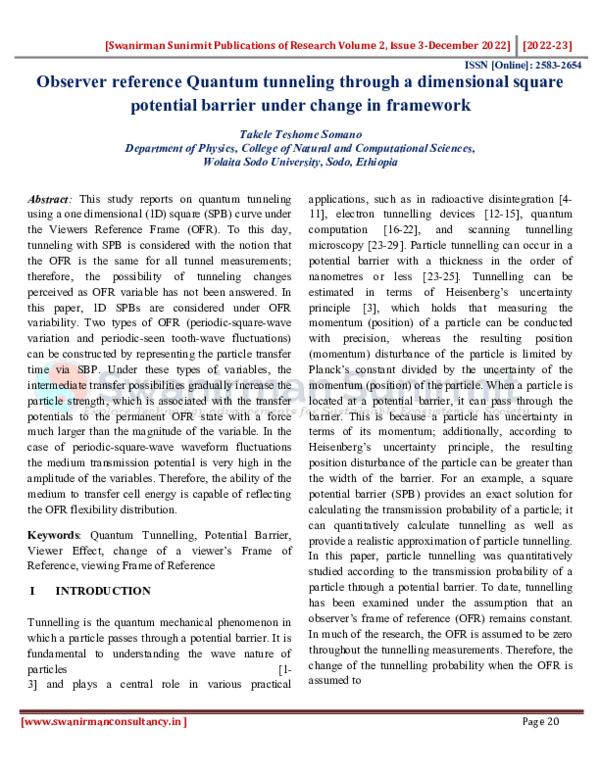 Pdf Observer Reference Quantum Tunneling Through A Dimensional Square