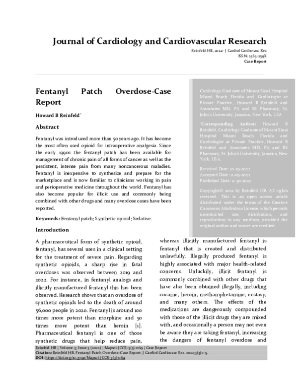 (PDF) Fentanyl Patch OverdoseCase Report Howard Reinfeld Academia.edu