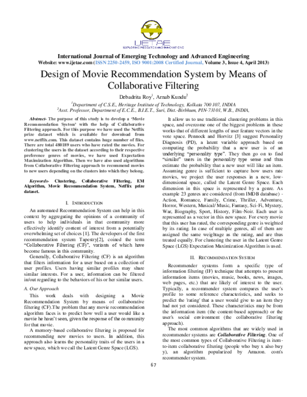 (PDF) Design of Movie Recommendation System by Means of Collaborative ...