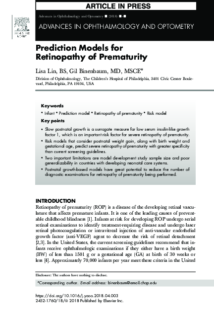 (PDF) Prediction Models for Retinopathy of Prematurity