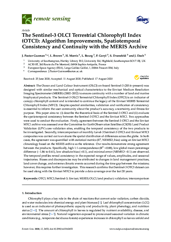 (PDF) The Sentinel-3 OLCI Terrestrial Chlorophyll Index (OTCI ...