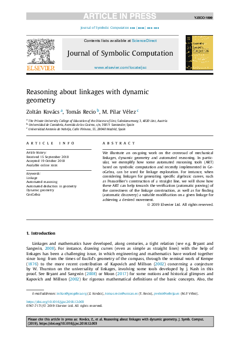 Pdf Reasoning About Linkages With Dynamic Geometry Tomas Recio