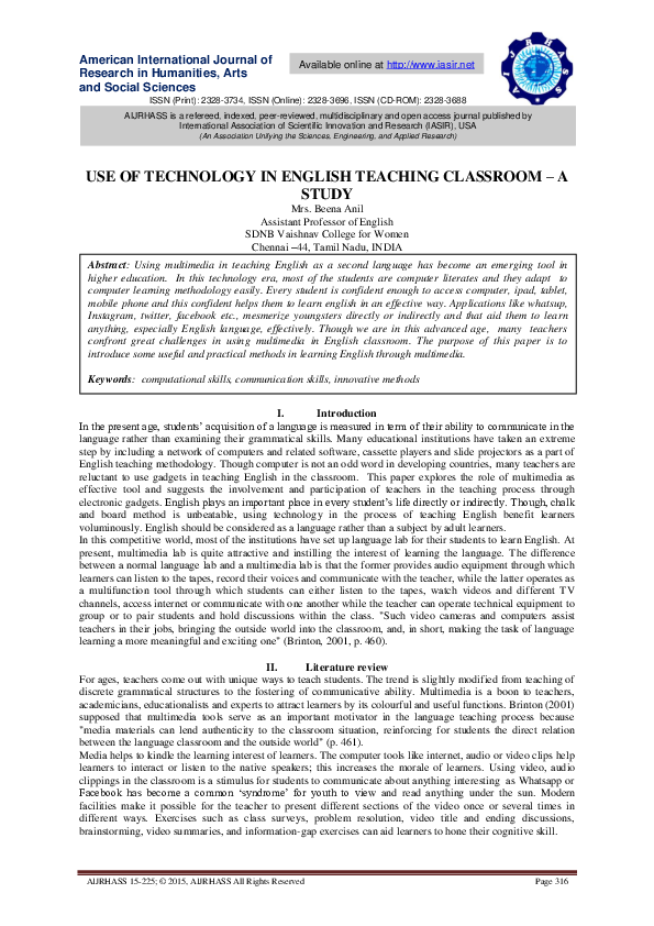 (PDF) Use of Technology in English Teaching Classroom - a Study
