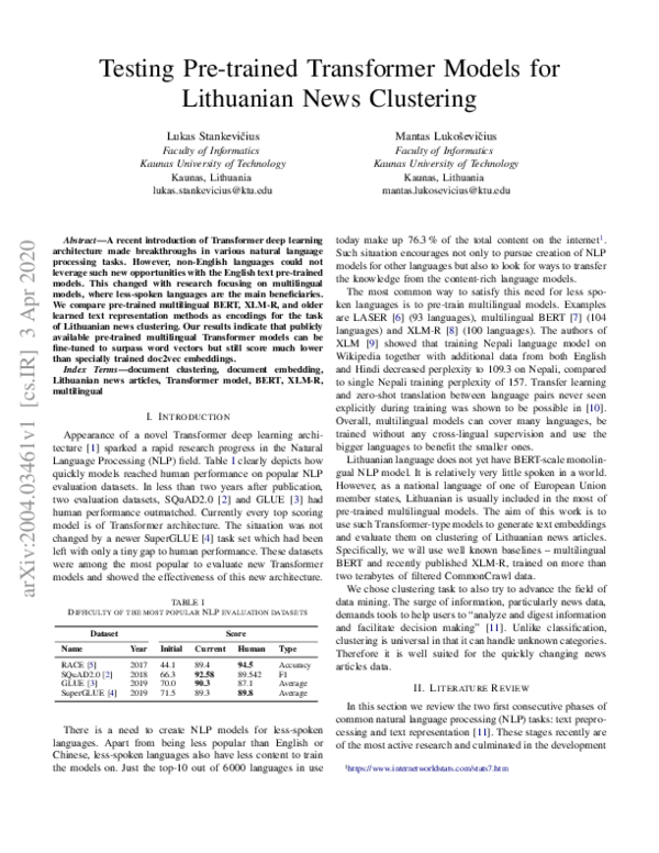 (PDF) Testing pre-trained Transformer models for Lithuanian news clustering