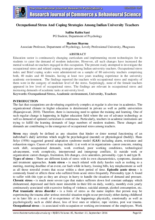 (PDF) Occupational Stress and Coping Strategies Among Indian University ...