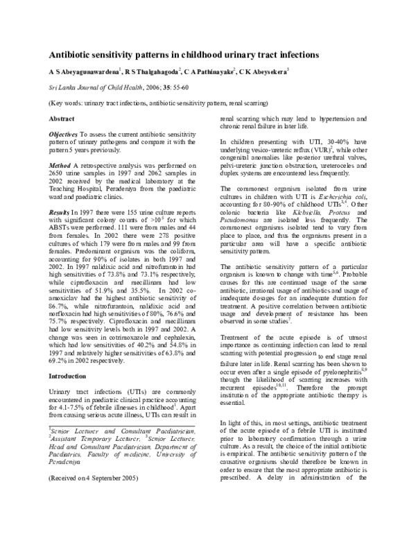 (PDF) Antibiotic sensitivity patterns in childhood urinary tract infections