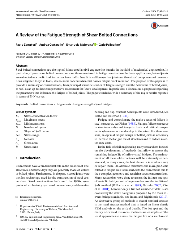 (PDF) A Review of the Fatigue Strength of Shear Bolted Connections