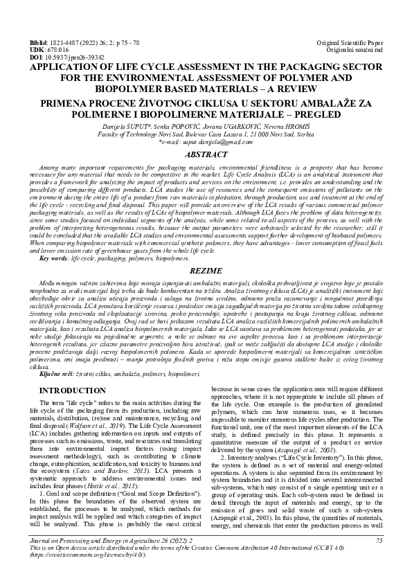 (PDF) Application of life cycle assessment in the packaging sector for the environmental