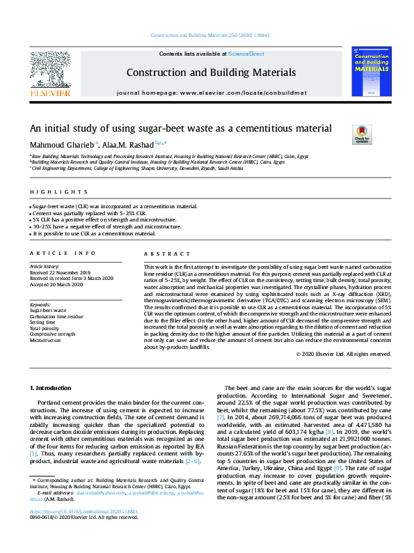PDF) An initial study of using sugar-beet waste as a cementitious 