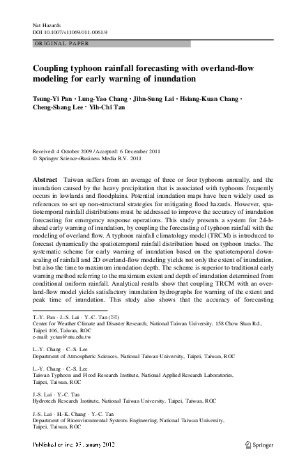 (PDF) Coupling typhoon rainfall forecasting with overland-flow modeling ...