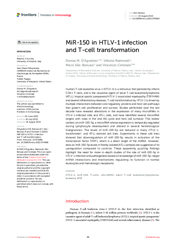 (PDF) MiR-150 in HTLV-1 infection and T-cell transformation