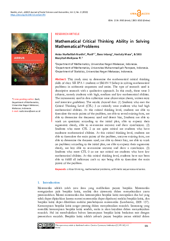 (PDF) Mathematical Critical Thinking Ability in Solving Mathematical ...