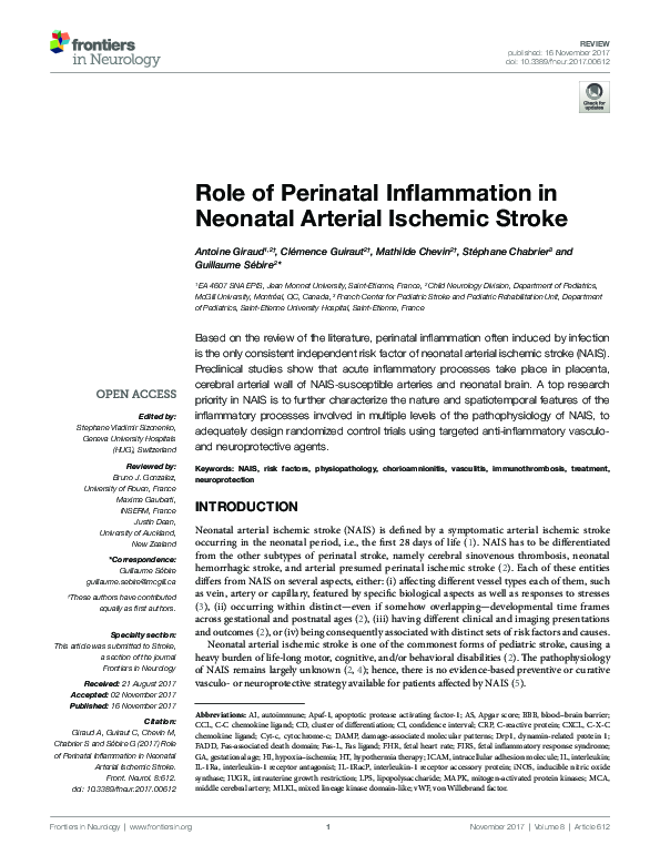 (PDF) Role of Perinatal Inflammation in Neonatal Arterial Ischemic Stroke